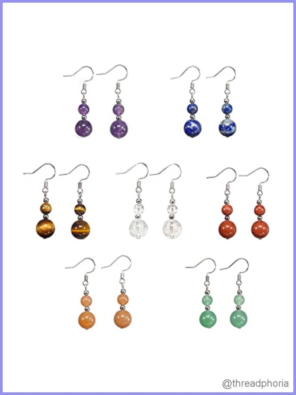 7 Pairs Natural Stone Beaded Dangle Earrings Chakra Healing Crystal Lightweight